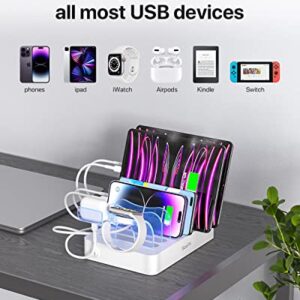 SooPii Premium 6-Port USB Charging Station Organizer for Multiple Devices, 6 Short Charging Cables and One Upgraded i-Watch Charger Holder Included, for Phones, Tablets, and Other Electronics, White