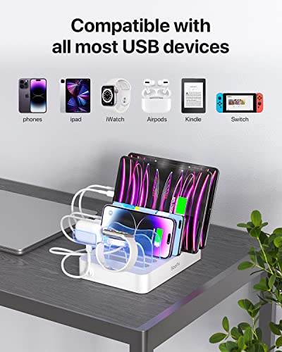 SooPii Premium 6-Port USB Charging Station Organizer for Multiple Devices, 6 Short Charging Cables and One Upgraded i-Watch Charger Holder Included, for Phones, Tablets, and Other Electronics, White