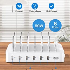 SooPii Premium 6-Port USB Charging Station Organizer for Multiple Devices, 6 Short Charging Cables and One Upgraded i-Watch Charger Holder Included, for Phones, Tablets, and Other Electronics, White