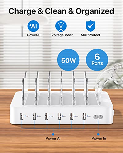 SooPii Premium 6-Port USB Charging Station Organizer for Multiple Devices, 6 Short Charging Cables and One Upgraded i-Watch Charger Holder Included, for Phones, Tablets, and Other Electronics, White