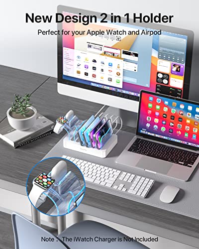 SooPii Premium 6-Port USB Charging Station Organizer for Multiple Devices, 6 Short Charging Cables and One Upgraded i-Watch Charger Holder Included, for Phones, Tablets, and Other Electronics, White