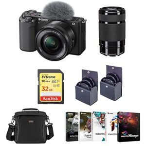sony zv-e10 mirrorless camera with 16-50mm & 55-210mm f/4.5-6.3 oss e-mount lens, black bundle with pc photo & video editing suite, 32gb sd memory card, bag and accessories kit