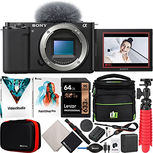 Sony ZV-E10 Mirrorless Alpha APS-C Interchangeable Lens Vlog Camera Body ILCZV-E10/B Black Bundle with Deco Gear Photography Case + Photo Video Software + Compact Tripod & Accessories Kit