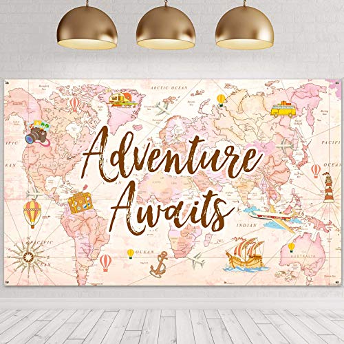 Travel Themed Party Decorations Supplies Adventure Awaits Bon Voyage Backdrop Adventure Map Backdrop for Graduation Birthday Party Baby Shower Photo Booth Pink, 70.8 x 43.3 Inch