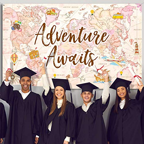 Travel Themed Party Decorations Supplies Adventure Awaits Bon Voyage Backdrop Adventure Map Backdrop for Graduation Birthday Party Baby Shower Photo Booth Pink, 70.8 x 43.3 Inch