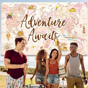 Travel Themed Party Decorations Supplies Adventure Awaits Bon Voyage Backdrop Adventure Map Backdrop for Graduation Birthday Party Baby Shower Photo Booth Pink, 70.8 x 43.3 Inch