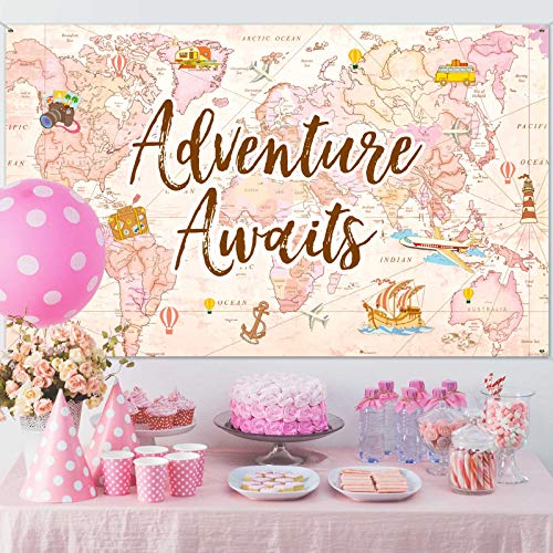 Travel Themed Party Decorations Supplies Adventure Awaits Bon Voyage Backdrop Adventure Map Backdrop for Graduation Birthday Party Baby Shower Photo Booth Pink, 70.8 x 43.3 Inch