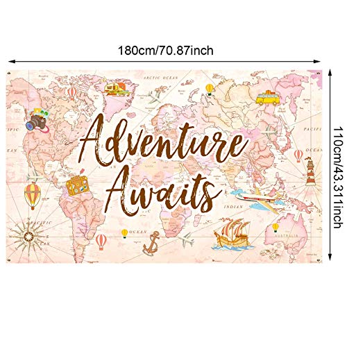 Travel Themed Party Decorations Supplies Adventure Awaits Bon Voyage Backdrop Adventure Map Backdrop for Graduation Birthday Party Baby Shower Photo Booth Pink, 70.8 x 43.3 Inch