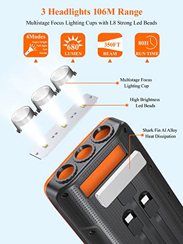 Solar-Charger-Power-Bank - Portable Charger,43800mAh Qc3.0 Fast Charging Qi 10W Wireless Portable Charger Built-in 2 Kinds Output Cable and 680Lumen Bright flashlights (Orange)