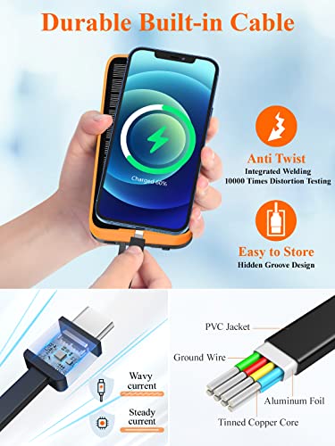 Solar-Charger-Power-Bank - Portable Charger,43800mAh Qc3.0 Fast Charging Qi 10W Wireless Portable Charger Built-in 2 Kinds Output Cable and 680Lumen Bright flashlights (Orange)