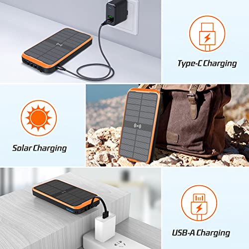 Solar-Charger-Power-Bank - Portable Charger,43800mAh Qc3.0 Fast Charging Qi 10W Wireless Portable Charger Built-in 2 Kinds Output Cable and 680Lumen Bright flashlights (Orange)