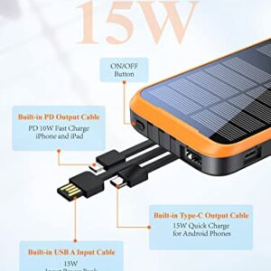 Solar-Charger-Power-Bank - Portable Charger,43800mAh Qc3.0 Fast Charging Qi 10W Wireless Portable Charger Built-in 2 Kinds Output Cable and 680Lumen Bright flashlights (Orange)