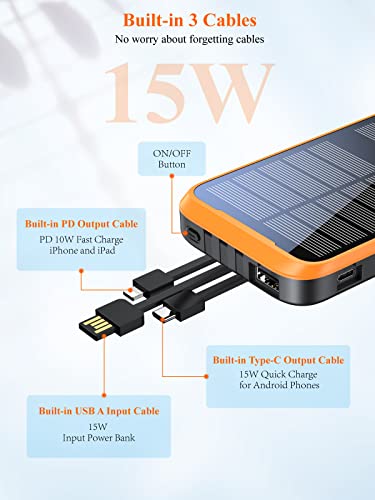 Solar-Charger-Power-Bank - Portable Charger,43800mAh Qc3.0 Fast Charging Qi 10W Wireless Portable Charger Built-in 2 Kinds Output Cable and 680Lumen Bright flashlights (Orange)