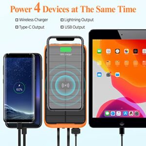 Solar-Charger-Power-Bank - Portable Charger,43800mAh Qc3.0 Fast Charging Qi 10W Wireless Portable Charger Built-in 2 Kinds Output Cable and 680Lumen Bright flashlights (Orange)