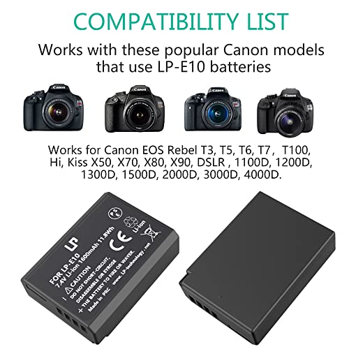 LP-E10 Battery Pack, LP 2-Pack Replacement Battery, Compatible with Canon EOS Rebel T7, T6, T5, T3, T100, 4000D, 3000D, 2000D, 1500D, 1300D, 1200D, 1100D & More (NOT for T3i T5i T6i T6s T7i)