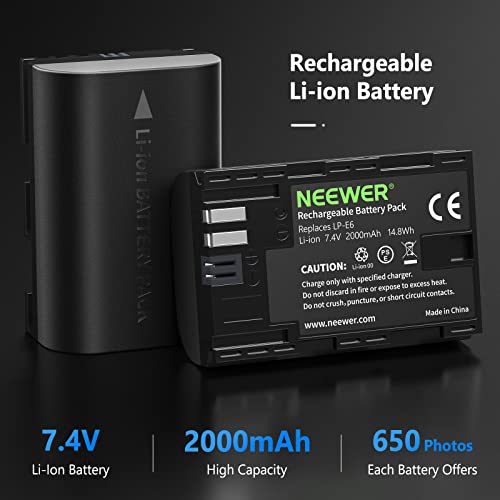 Neewer LP-E6 LP E6N Battery Rechargeable Battery Charger Set for Canon 5D Mark II III IV, 5Ds, 6D, 70D, 80D and More (2-Pack Black 2000mAh Camera Batteries,Versatile Charging Option with USB)-Black