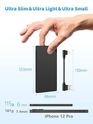 TNTOR Ultra Slim Power Bank 5000mAh, 0.24in Ultra Thin Battery Pack with Portable Short Charging Cable, Small Portable Phone Charger -Compatible with iPhone Series only