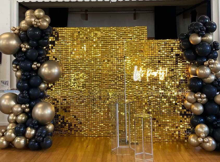 Gold Shimmer Wall Backdrop- SHIMMERHOO -24 pcs Decorations Panel Sequin Panels for Wedding Engagement Birthday Anniversary Party Decoration, Glitter Bling Sequins Photo Backdrops Sheets（Gold）