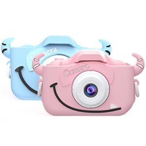 SLSFJLKJ Kids Camera with Silicone Case, Video Camera for Children with Fun Games, Kids Digital Camera with Special Effects, Rechargeable Battery, Ideal for Boys and Girls (Pink Cow Bare Metal)