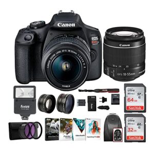 canon eos rebel t7 digital camera: 24 megapixel 1080p hd video dslr with wide angle 18-55 mm lens bundle with 64 and 32gb sd cards, flash, spare battery, backpack and video and art suite (9 items)