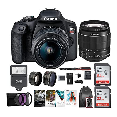 Canon EOS Rebel T7 Digital Camera: 24 Megapixel 1080p HD Video DSLR with Wide Angle 18-55 mm Lens Bundle with 64 and 32GB SD Cards, Flash, Spare Battery, Backpack and Video and Art Suite (9 Items)