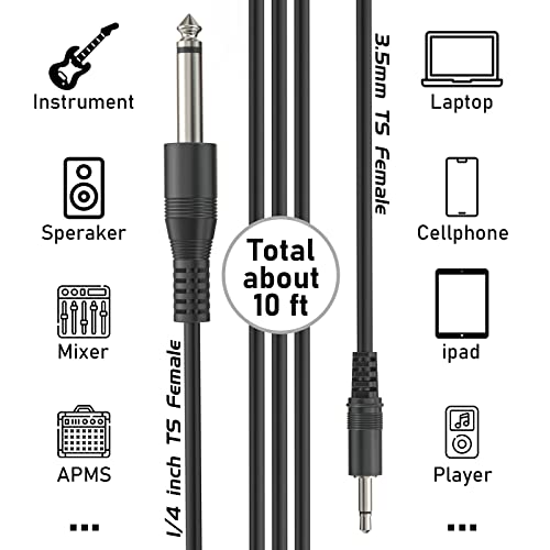 3.5mm Male to 6.35mm 1/4" Male Mono Audio Cable with Compatible for Headphones,Mobile Phone,iPod, Laptop,Guitar, Electronic Drum, Instrument, Amplifiers & More. 3M/10ft.