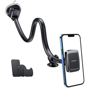 apps2car magnetic car phone mount with 13-inch flexible long arm & 6 strong magnets, anti-shake cell phone holder for truck car windshield dashboard, strong suction car mount for iphone smartphones