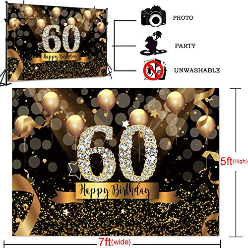 Sensfun Happy 60th Birthday Backdrop for Adult Party 8x6ft Bokeh Circle Glitter Gold Balloon Photography Background Sixty Birthday Black Gold Party Backdrops Diamond 60th Birthday Vinyl Photo Banner