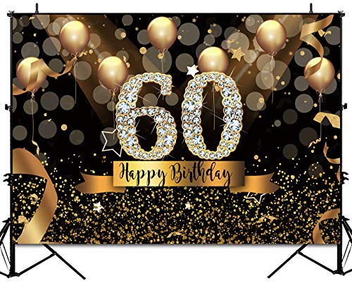 Sensfun Happy 60th Birthday Backdrop for Adult Party 8x6ft Bokeh Circle Glitter Gold Balloon Photography Background Sixty Birthday Black Gold Party Backdrops Diamond 60th Birthday Vinyl Photo Banner