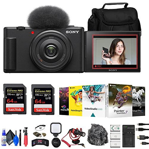 Sony ZV-1F Vlogging Camera (Black) (ZV1FB) + 2 x 64GB Card + 2 x NPBX1 Battery + Card Reader + Corel Photo Software + LED Light + Compact Mic + Case + Charger + More