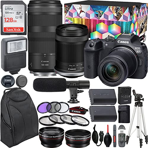 Camera Bundle for Canon EOS R7 Mirrorless Camera with RF-S 18-150mm f/3.5-6.3 is STM and RF 100-400mm f/5.6-8 is USM Lens + Shotgun Microphone with Video Kit Accessories (Renewed)