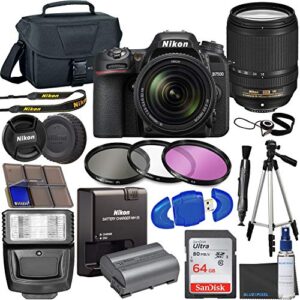 nikon d7500 dslr camera with 18-140mm vr lens + 64gb card, tripod, flash, 3 piece filter kit, case, and more
