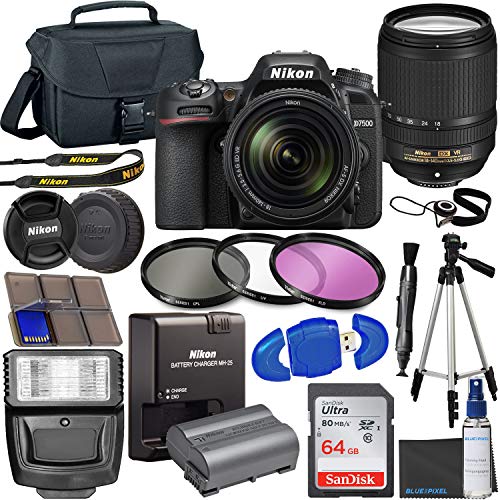 Nikon D7500 DSLR Camera with 18-140mm VR Lens + 64GB Card, Tripod, Flash, 3 Piece Filter Kit, Case, and More