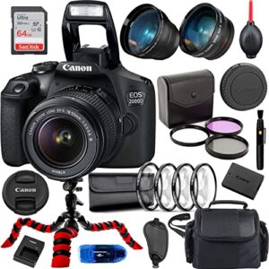 2000d (rebel t7) dslr camera with 18-55mm f/3.5-5.6 zoom lens bundle + accessories (64gb memory card, wide angle and telephoto lens, spider tripod, gadget bag and more)