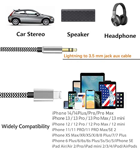 Aux Cord for iPhone 3.3Ft,[Apple MFi Certified] Lightning to 3.5mm Aux Audio Nylon Braided Cable Compatible with iPhone14/13/12/11/XS/XR/X 8 7 6/iPad/iPod to Car/Home Stereo, Speaker,Headphone All iOS