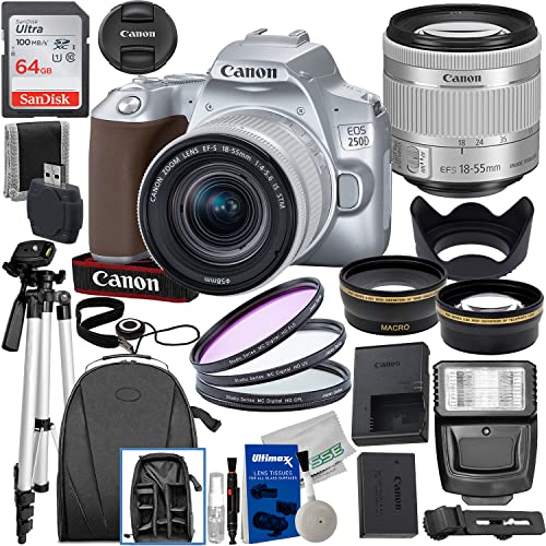 Ultimaxx Essential Accessory Bundle with Canon EOS 250D (Rebel SL3) & EF-S 18-55mm f/4-5.6 IS STM Lens (Silver) - Includes: SanDisk 64GB Ultra SDXC, 3PC Multi-Coated UV Filter Kit & More (25pc Bundle)