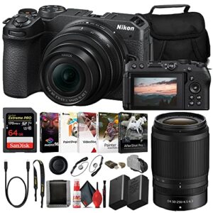 nikon z30 mirrorless digital camera with 16-50mm and 50-250mm lenses (1743) intl model with 64gb extreme pro card + en-el25 extra battery + photo editing software + camera bag + cleaning kit (renewed)
