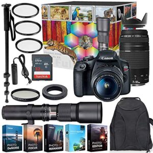 canon eos rebel t7 dslr camera with 18-55mm & 75-300mm lenses kit + 500mm preset wildlife lens – deluxe professional photo & video creative bundle (renewed)