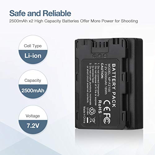 NP-FZ100 Battery 2500mAh NP FZ100 Li-ion Batteries 2 Packs with Dual USB Charger for Sony A7III A7R III A9 A7R IV A6600 Firmware 2.0