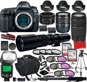 canon eos 5d mark iv dslr camera with ef 24-105mm f/4l is ii usm lens bundle +ef 50mm f1.8 stm & ef 75-300mm lenses + 500mm preset lens + 128gb memory and accessory bundle (50 pieces)