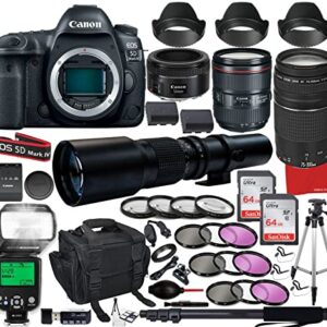 Canon EOS 5D Mark IV DSLR Camera with EF 24-105mm f/4L is II USM Lens Bundle +EF 50mm f1.8 STM & EF 75-300mm Lenses + 500mm Preset Lens + 128GB Memory and Accessory Bundle (50 Pieces)