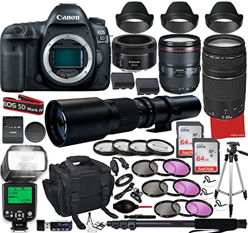 Canon EOS 5D Mark IV DSLR Camera with EF 24-105mm f/4L is II USM Lens Bundle +EF 50mm f1.8 STM & EF 75-300mm Lenses + 500mm Preset Lens + 128GB Memory and Accessory Bundle (50 Pieces)