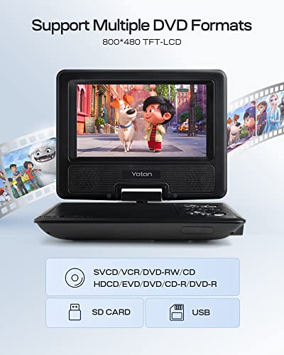 YOTON 9.5" Portable DVD Player for Kids and Car, 7.5" Swivel HD Screen with 4-6 Hours Built-in Battery, Support Sync Screen to TV, Support SD Card/USB/Multiple Disc Formats