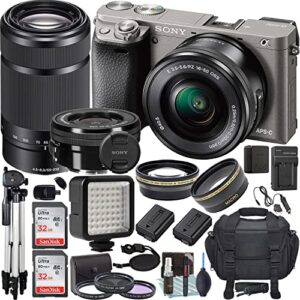 alpha a6000 mirrorless digital camera (grey) with 16-50mm f/3.5-5.6 oss and 55-210mm f/4.5-6.3 oss lens + accessory bundle kit (tripod, travel charger, extra battery, and more)