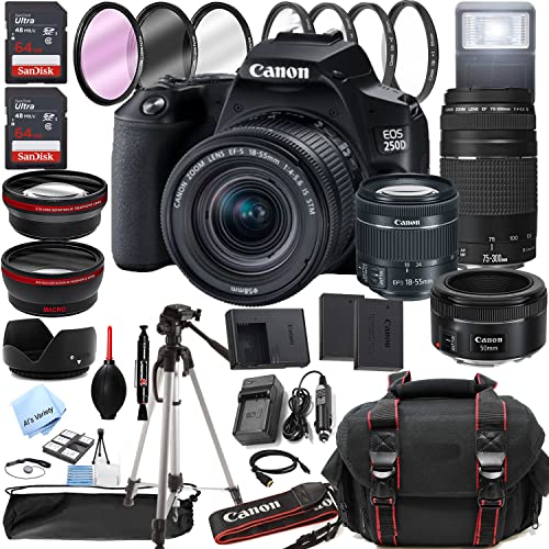 250D (Rebel SL3) DSLR Camera w/EF-S 18-55mm F/4-5.6 is STM Zoom Lens + 75-300mm F/4-5.6 III Lens + EF 50mm f/1.8 STM Lens + 128GB Memory + Case + Tripod + Filters (40pc Bundle)