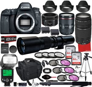 canon eos 6d mark ii dslr camera with ef 24-105mm f/4l is ii usm lens bundle + ef 50mm f1.8 stm & ef 75-300mm lenses + 500mm preset lens + 128gb memory and accessory bundle (50 pieces)