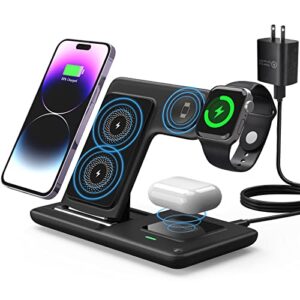 charging station for apple multiple devices, 3 in 1 fast wireless charger foldable for iphone 14/13/12/11/pro/xs/xs max/xr/x/se/8/8 plus apple watch 8/7/6/se/5/4/3/2 airpods 3/2/pro with adapter