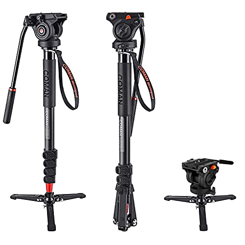 Monopod, COMAN KX3232 73.2 inch Professional Monopod Tripod Lightweight Aluminum Telescopic Camera Monopod with feet and Pan Tilt Fluid Head for DSLR Video Cameras