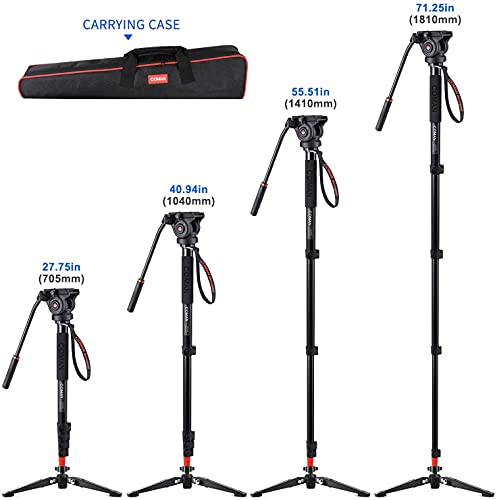 Monopod, COMAN KX3232 73.2 inch Professional Monopod Tripod Lightweight Aluminum Telescopic Camera Monopod with feet and Pan Tilt Fluid Head for DSLR Video Cameras