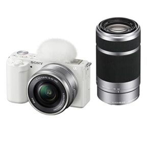 sony zv-e10 mirrorless camera with 16-50mm lens, white with e 55-210mm f/4.5-6.3 oss e-mount lens